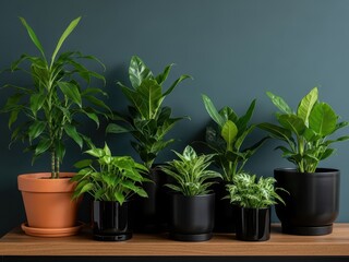 Obraz premium Several potted plants on a wooden table against a dark green wall