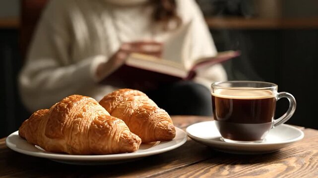 A cozy scene with croissants and coffee on a wooden table; a person reads a book in background