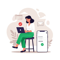 Woman sitting with laptop and smartphone with checkmarks on screen