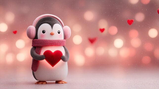 cute penguin holding glowing heart with red scarf and pink earmuffs, valentines day theme with soft heart bokeh and snowflakes in the background, perfect for greetings