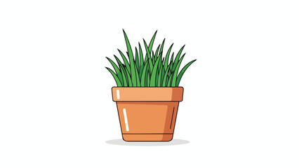 A charming minimalist illustration of vibrant green blades of grass neatly contained within a classic terracotta pot against a pristine white
