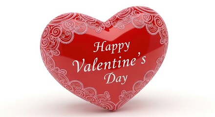 Glossy red heart decoration with white script text wishing everyone a happy valentine's day against a clean background for holiday greetings.