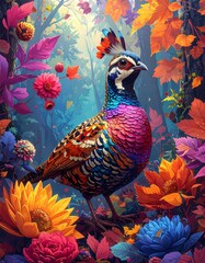 Fototapeta premium Beautiful wild forest quail displays extraordinarily colorful feathers, symbolizing elegance, camouflage, biodiversity, and woodland harmony.