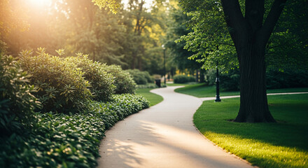 Obraz premium Serene pathway through lush greenery with trees and foliage, viewed from a gentle perspective in a natural setting.