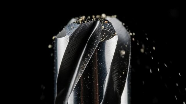 Precision metalworking: close-up of fluted drill bit and metal debris, a shiny steel tool