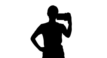 Silhouette of a woman drinking from a bottle confident and carefree isolated on white background