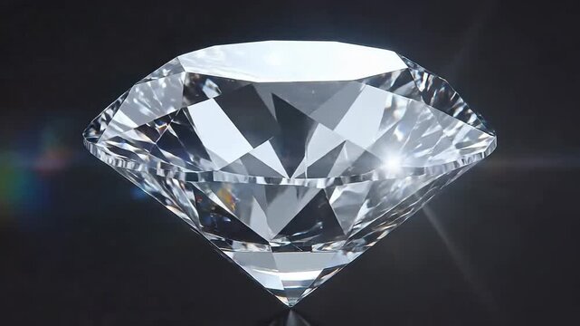 Brilliant cut diamond with facets reflecting light, isolated on dark background.