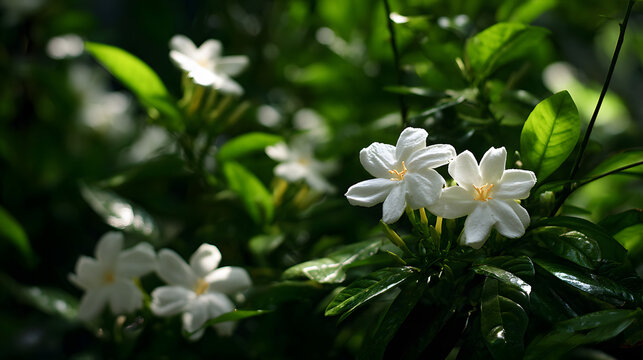 Blooming sampaguita flowers against a backdrop of green foliage. Floral background illustration.