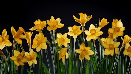 Fototapeta premium Vibrant Yellow Flowers On Tall Green Stems Against Black Background