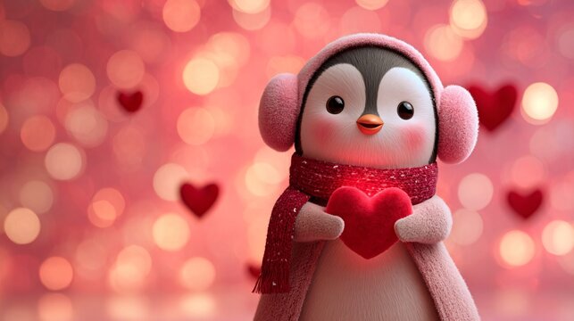 adorable penguin holding glowing red heart with pink scarf and earmuffs, valentines day theme with soft glowing heart bokeh in the background, perfect for love greetings