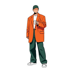 Obraz premium Man in an orange jacket and green pants