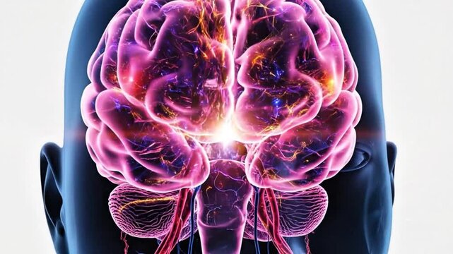 A video showcasing a human brain with a glowing neural network inside