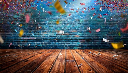 Confetti Falling Against A Brick Wall And Wood Floor