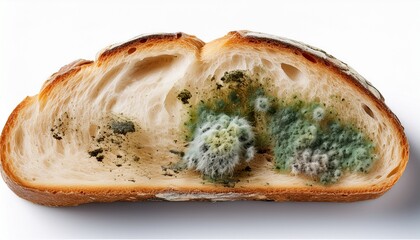 Slice Of Bread Covered With Green Black And White Mold Colonies Isolated On Transparent Background