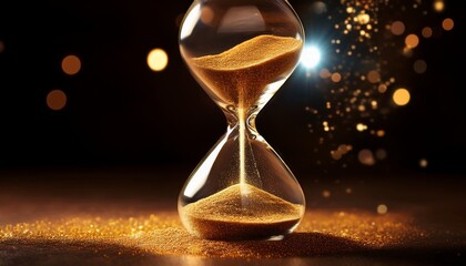 An Hourglass With Golden Sand Glowing And Sparkling In The Dark Background