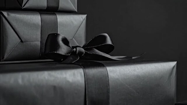 Elegant black gift boxes stacked with satin ribbons against a dark background.