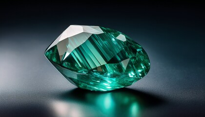 Faceted Gem Transitioning From Vibrant Teal To Deep Green Sits On A Dark Surface Reflecting Light