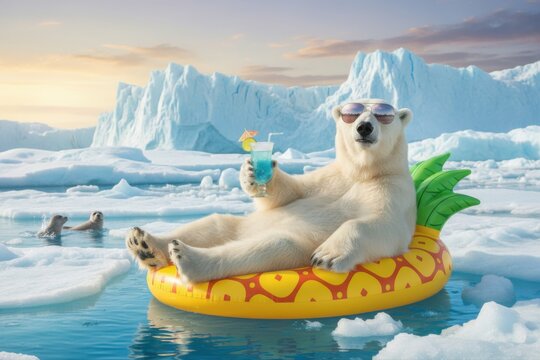 A cool polar bear in sunglasses relaxing on a tropical pineapple floatie, holding a blue cocktail among icebergs.