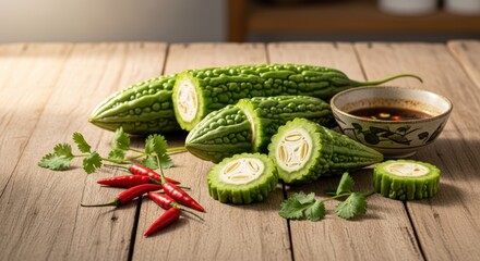 Bitter Melon with Spices on Wooden Table.