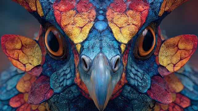 acercamiento del rostro de un pajaro colorido con la mirada fija hacia el frente abstracto y surrealista criatura mistica 