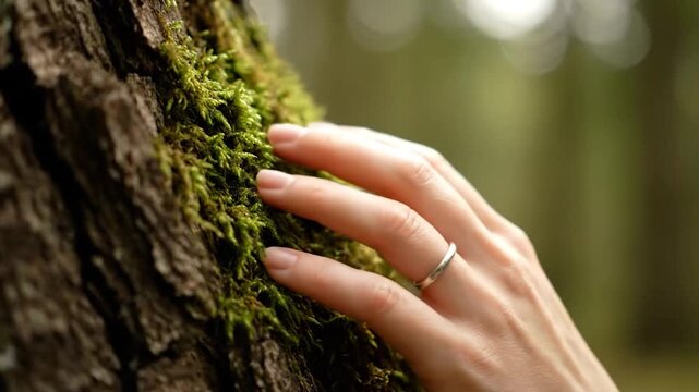 A close-up shot of a hand gently touching moss growing on a tree trunk. Ring on finger