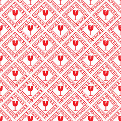 Seamless pattern, broken glass symbol, and "fragile" warning in red and white. Ideal for packaging fragile and easily broken items.
