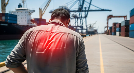 Worker with severe lower back pain, highlighted in red, at a busy shipping port, representing work-related injury