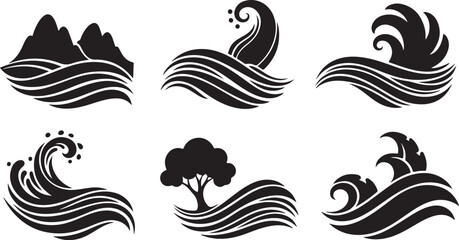 Fototapeta premium Wave and Nature Silhouette Icons Set for Design Projects
