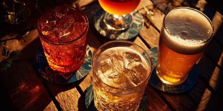 Minimalist overhead view of three cocktail glasses and one beer on wooden table with deep blue coasters, illuminated by warm low indoor night light creating cozy elegant bar atmosphere.