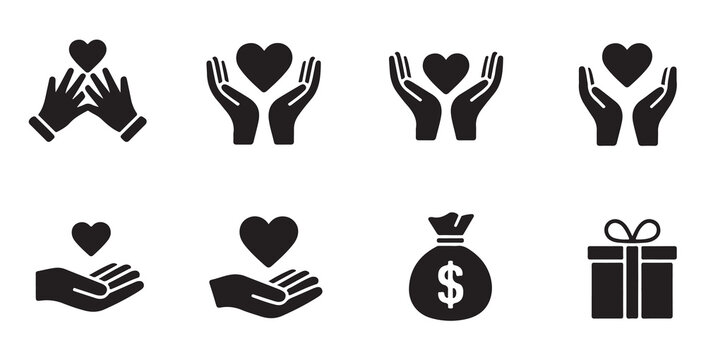 Philanthropy and care icons set with hands holding hearts and currency bag symbols vector