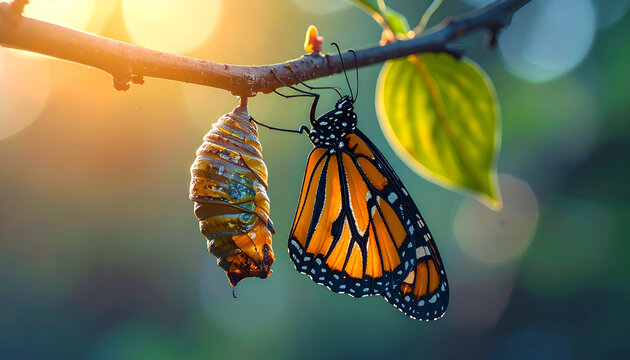 A monarch butterfly is emerging from its golden chrysalis perched on a branch.