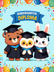 Kindergarten Diploma Certificate with Cute Cartoon Animals Graduation Theme