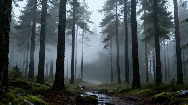 Light Rain Falling In Misty Pine Forest With Calm Foggy Atmosphere And Static Cinematic Nature Scene