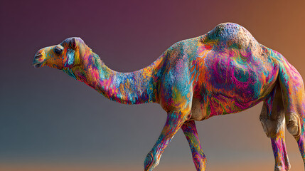 un camello colorido de estilo surrealista animal de fantasia vibrante y abstracto sobre un fondo desenfocado con espacio de copia 