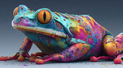 un sapo o rana llamativa en colores vibrantes y fuertes hermosos colores dise&ntilde;o exotico de estilo surrealista y artistico 