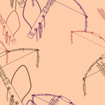 Editable Outline Vector of Native American Archery Tools Illustration in Various Colors as Seamless Pattern for Creating Background of Traditional Culture and History Related Design