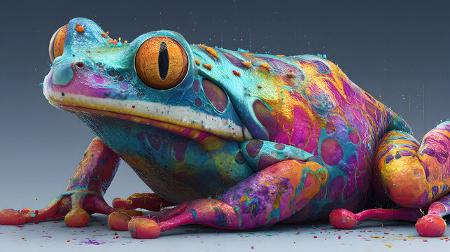 un sapo o rana llamativa en colores vibrantes y fuertes hermosos colores dise&ntilde;o exotico de estilo surrealista y artistico 