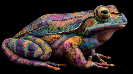 dise&ntilde;o creativo y surrealista de un sapo o rana colorido llamativo y vibrante so&ntilde;ador y con contraste fantasia en la naturaleza 
