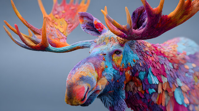 acercamiento del rostro de un alce colorido llamativo vibrante y estilo surrealista abstracto de fantasia naturaleza extrema y exotica y fantastico
