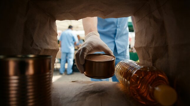 A gloved hand places a tin can into a paper bag filled with food items including a bottle of oil with people in the background canned food cooking oil grocery shopping groceries