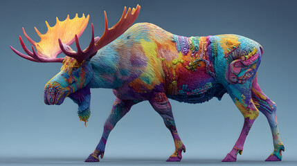 un alce colorido llamativo y creativo elegante con fuerza magica dise&ntilde;o de fantasia con cuernos grandes y poderosos estilo surrealista 