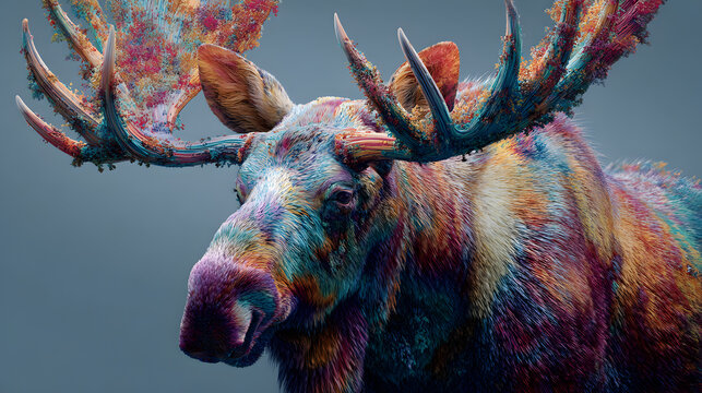 un alce colorido con pelaje llamativo y de estilo surrealista exotico naturaleza de fantasia creativa y vibrante sobre fondo liso y mistico