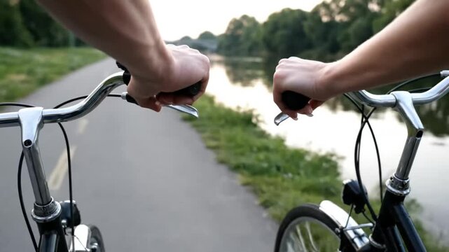Close-up of cyclist's hands gripping bicycle handlebars on scenic bike path