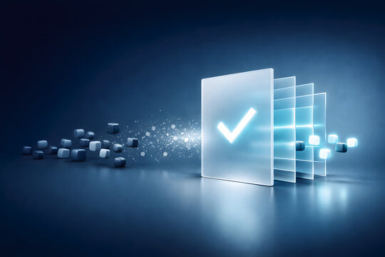 Data Validation Gate with Approval Checkmark, Compliance Verification Cybersecurity Concept