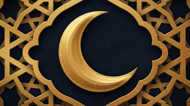 Golden crescent moon symbol in intricate Islamic geometric pattern