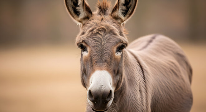 High resolution portrait of a donkey standing in a field