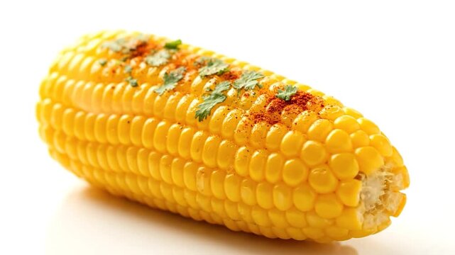A vibrant yellow cooked corn on the cob, seasoned with red spices and green herbs on white