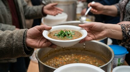 Hands serving a bowl of warm lentil soup garnished with fresh parsley from a large pot food meal helping giving charity nourishment hunger compassion volunteering community