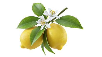 Lemons on a branch with leaves and flowers