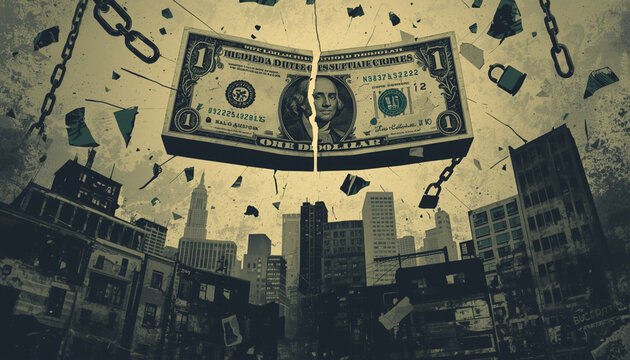 A dramatic illustration of a torn dollar bill suspended above a cityscape with chains and locks